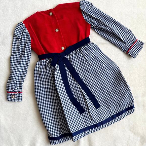 Vintage 90s Piano Kids Fashion Dress Girls 4T Gingham Check Corduroy Embroidered - Picture 2 of 4